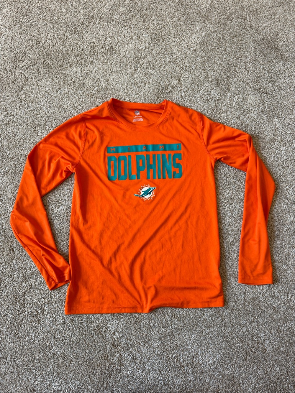 NFL Youth L Miami Dolphins Football Long Sleeve T Shirt Orange 100% Polyester